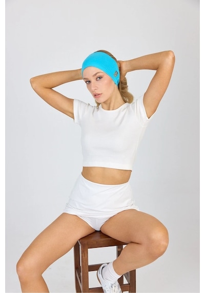 Butikgiz Beyaz Kısa Kol Bisiklet Yaka Vücuda Oturan Kaşkorse Crop + Bandana Set %100 Pamumklu, Esnek Rahat Aqua