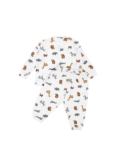 Bebegen Erkek Bebek Ekru Renkli Hayvanlar Alemi Baskılı Çıtçıtlı Pijama Takımı Çok Renkli
