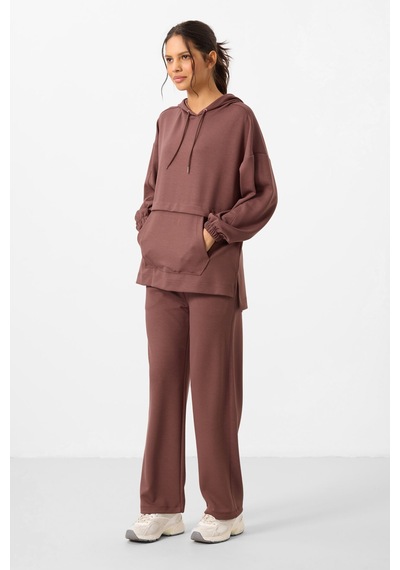 Kahverengi Yumuşak Dokulu Kapüşonlu Oversize Kadın Eşofman Tunik Takım - 95348 Kahverengi