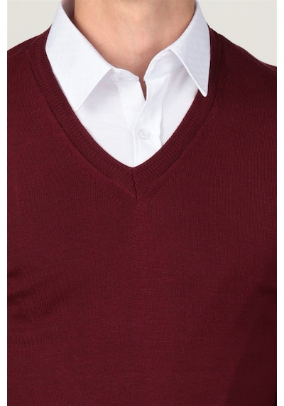 Tudors Slim Fit Dar Kesim V Yaka Pamuklu Erkek Kazak-8087 Bordo