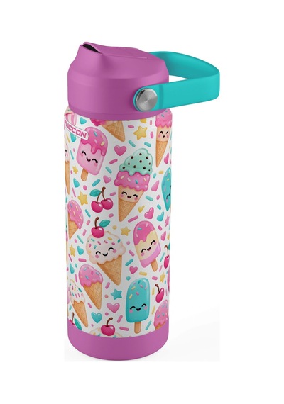 Puccon 540 Ml Renkli Dondurma Desenli Pembe Kız Çocuk Pipetli Çelik Termos Matara/suluk - 60049