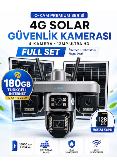 O-kam Ok335set1 12mp 4 Kameralı 4g Çift Solar Panel Gece Görüş 180gb 12ayx15gb Turkcell +128gb Hafıza