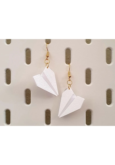 Beyaz Kağıt Uçak Görünümlü Origami Tasarım Minimalist Hafif Kadın Küpe Beyaz