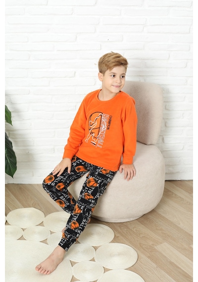Yeni Stil Sonbahar/kış Erkek Çocuk Basketball Desenli Polar Pijama Takımı 4562 Turuncu