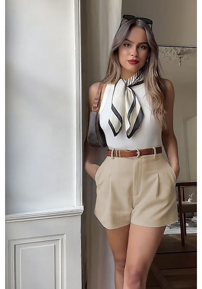 Madmext Bej Yüksek Bel Wed Leg Pileli Kadın Mini Şort Mg2537 Bej