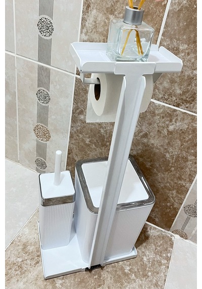 6 Parça Banyo Seti Çöp Kovası, Wc Fırça, Tuvalet Kağıtlık, Diş Fırçalık, Sıvı Sabunluk, Sabunluk Beyaz - Krom