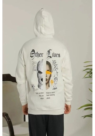 Efnaz Style Erkek Sırt Baskılı Oversize Üç İplik Kapüşonlu Sweatshirt - Beyaz