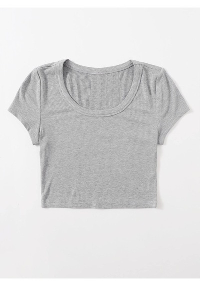 Liona U Yaka Gri Renk Fitilli Kısa Kollu Regular Crop Top Bluz Gri
