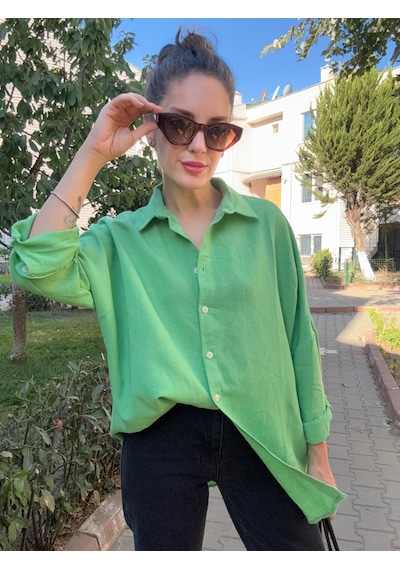 Ali Butik Yeşil Uzun Kol Keten Gömlek