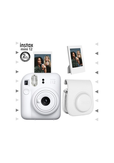 Fujifilm Instax Mini 12 Fotoğraf Makinesi + Çerçeve + Deri Kılıf Beyaz