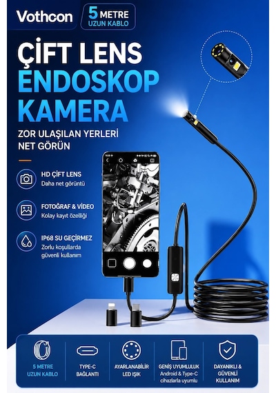 5 Metre Çift Kameralı İos/android Uyumlu Yılan Endoskop Kamera 8mm 2mp Led Li Sert Kablo
