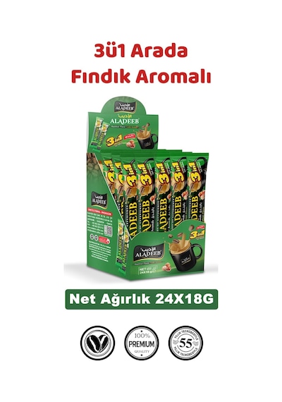 Aladeeb 3'ü 1 Arada Fındık Aromalı Kahve 48 x 18 G