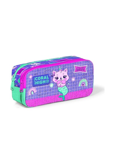 Coral High Kids Su Yeşili Lavanta Unicorn Kedi Desenli İki Bölmeli Kalem Çantası 12051