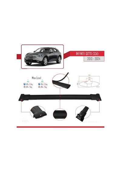 Infiniti Qx70 S51 2013 Ve Sonrası İle Uyumlu Fly Model Ara Atkı Tavan Barı Siyah