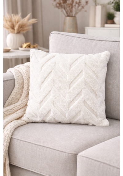Peluş Dekoratif Kırlent Kılıfı İskandinav Zigzag-balıksırtı 4 Lü Set 42x42 Cm Krem - Bej