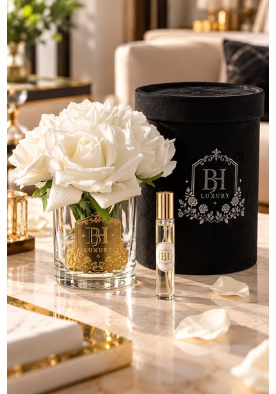 Bh Luxury Yapay Beyaz Gül Ve Parfüm Hediye Seti Siyah Dekoratif Kutulu