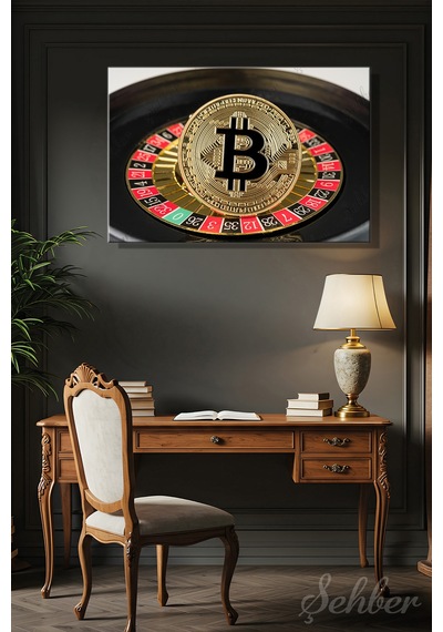 Kanvas Tablo Yatay Tekli Ev Kafe Ofis Rulet Çarkında Duran Altın Bitcoin Jetonu 2837