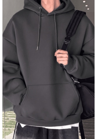 Genius Store Erkek Sweatshirt Kanguru Cepli İçi Polarlı 3 İplik Kapüşonlu Oversize Sweatshirt Kanguru-sweatshırt Füme