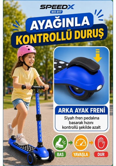 Mavi Speedx Wx-817 Rgb Işıklı Müzikli Çocuk Scooter Ayarlanabilir Alüminyum T-bar Tekerlekli Frenli