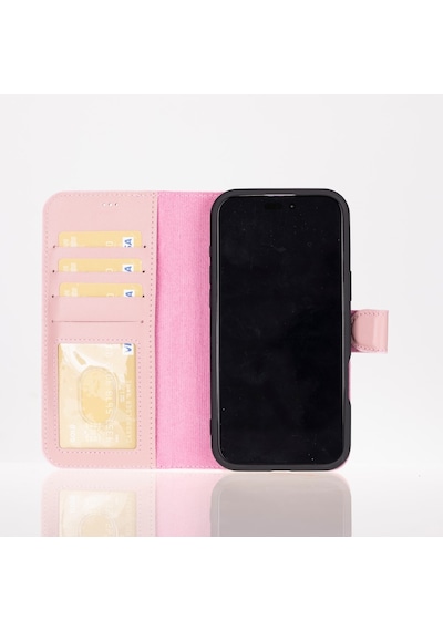 Apple Uyumlu iPhone 16 Pro , Hakiki Deri, El Yapımı, Cüzdanlı Kılıf, Toz Pembe Siyah