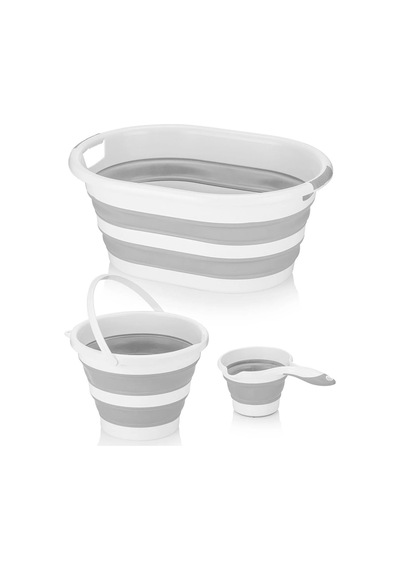 Keçe 2 Gözlü Çamaşır Sepeti Gri 53x33x60cm-25lt Katlanır Çamaşır Selesi-su Kovası-maşrapa 4'lü Set Gri