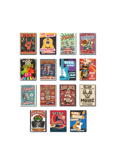 Müzik ve Party Temalı 13,5x18 Cm 15'li Ahşap Tablo Seti