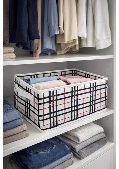 Bonny Home Ordena Ekoseli Dolap İçi Düzenleyici Katlanabilir Organizer, 45 X 24 X 20 Cm, Beyaz Çok Renkli