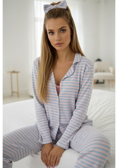 Siyah İnci Fırçalı Soft Fitilli Kaşkorse Hırka Pijama Takım Mavi Pembe