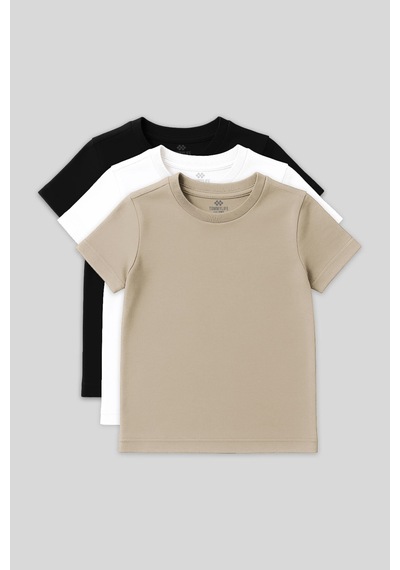 Standart Fit Basic O Yaka 3lü Paket Siyah-beyaz-bej Unisex Çocuk T-shirt - 11328 Siyah - Beyaz