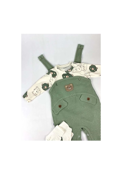 Tr Myzi Store Bebek Erkek 3'lü Tulum Takımı Salopet Ve Çorap Seti Ayıcık Desenli Badi Ayı Nakışlı Pamuklu Un