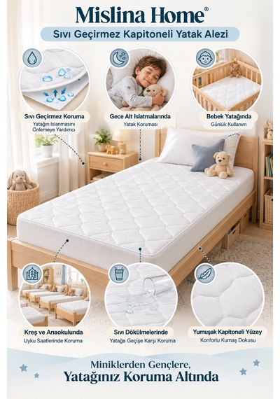 Sıvı Su Geçirmez Kapitoneli Alez Bebek Çocuk Yatak Koruyucu %100 Pamuklu Park Beşik Kreş Anaokulu 70x130
