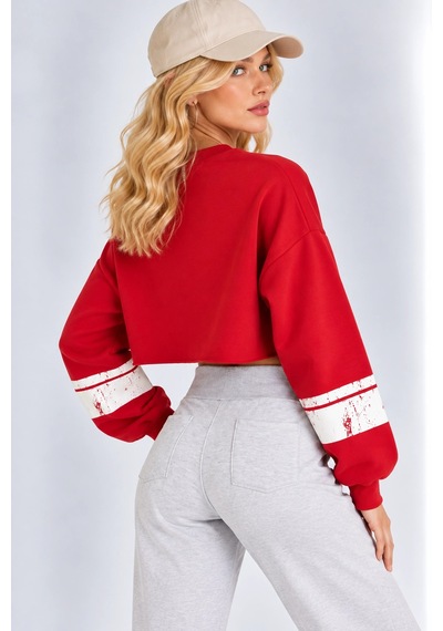Mevese Malibu Baskılı Rahat Kesim Bisiklet Yaka Crop Sweatshirt - Kırmızı