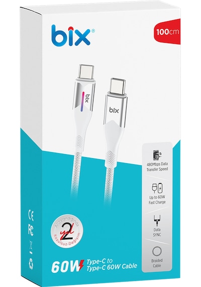 Bix BX05CC Type-C To Type-C 60 W Şarj Data Kablosu 1 M Beyaz
