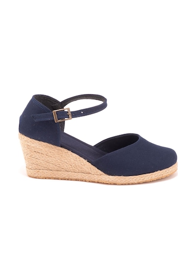 Gerçek Elişi Bilekten Bantlı Topuğu Açık Keten Espadril Dolgu Topuk Handmade Lacivert