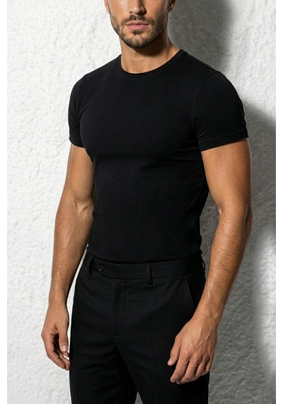 Auw Erkek Bisiklet Yaka Pamuklu Modal Basic T-shirt - Softfit Siyah