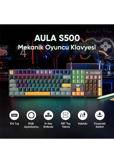 Aula S500 Blue Switch Rgb Makrolu Kablolu Gaming Mekanik Oyuncu Klavyesi Sarı