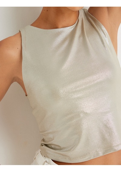 Koton Parlak Halter Yaka Crop Üst Kolsuz Yuvarlak Yaka Slim Fit Haki 4sak10336ek