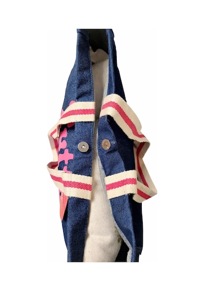 Faralya Life Mavi Kot Denim Çanta Baskılı Pamuk Bez Çanta 52x42 Cm 60 Cm Sap Uzunluğu Açık Pembe