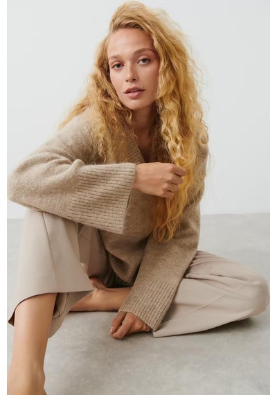 Madmext Bej V Yaka Oversize Kadın Triko Kazak Mg2149-bej Bej