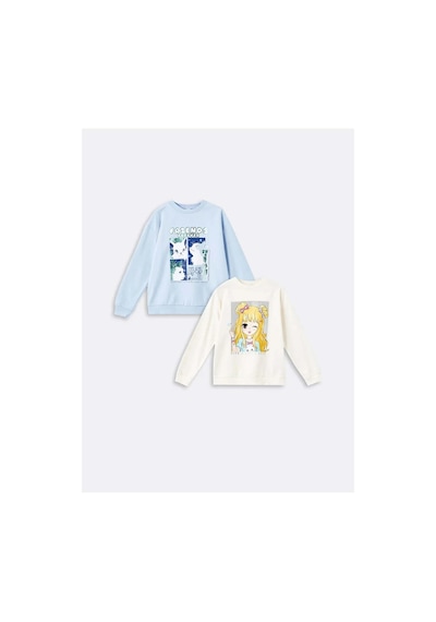 LC Waikiki Lcw Kids Ekru Bisiklet Yaka Kız Çocuk Kalın Sweatshirt 2'li