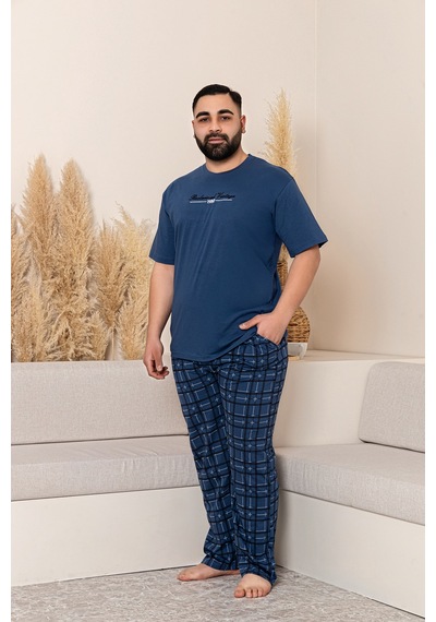 Nisanca Yazlık Büyük Beden Erkek Pamuk Pijama Takımı- Kısa Kollu Erkek Pijaması Mavi