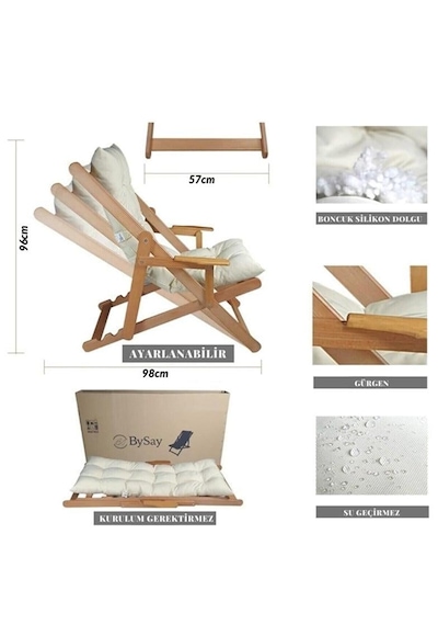 Reyo Bysay Puf Minderli Ahşap Kademeli Kollu Şezlong Bahçe&balkon&teras&plaj Katlanır Şezlong Naturel Krem