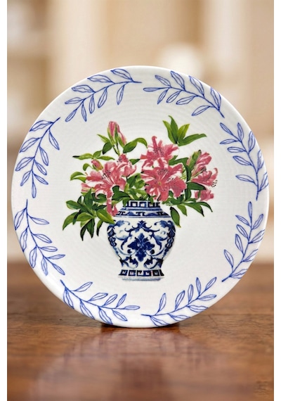 Grandora Vazo Ve Çiçek Desenli 6 Adet, 20 Cm Modern Pasta Tatlı Tabağı Seti Şık Kahvaltılık Tabak Koyu Pembe Çiçekli