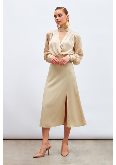 Sateen Yırtmaçlı Saten Etek - Bej
