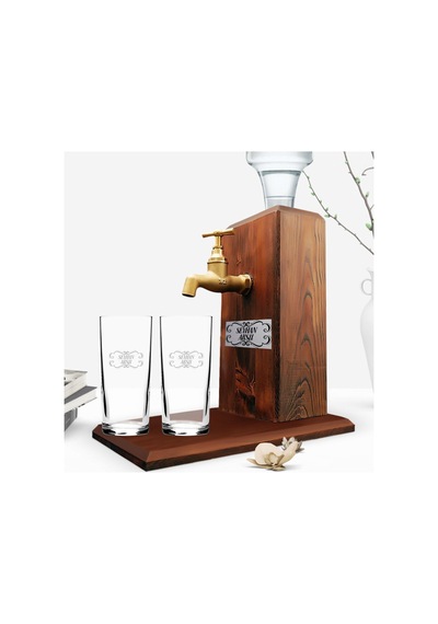 Kişiye Özel Ikili Rakı Bardağı ve Musluklu Doğal Ahşap Rakı Stand