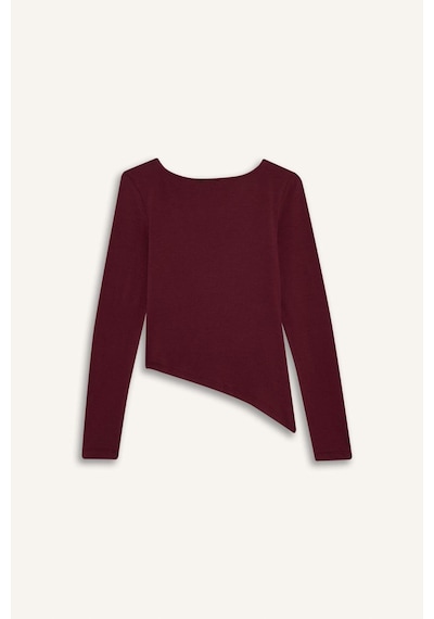 Defacto Coool Slim Fit Dar Kesim Kayık Yaka Tül Uzun Kollu Tişört G3009ax25wnbr115 Bordo-br115