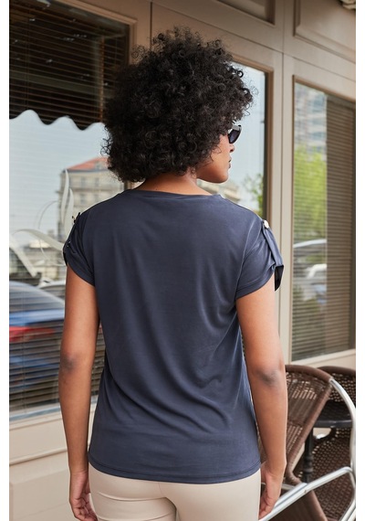 Jument Kadın Modal Penye Geniş Sıfır Yaka Düşük Omuzlu Apoletli Kısa Kol T-shirt Bluz-lacivert Lacivert