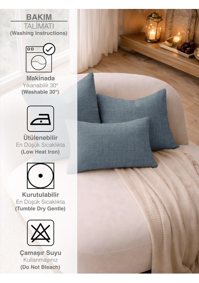 Br Perle Koyu İndigo Keten Dokulu Dekoratif Kırlent Kılıfı Modern Salon Koltuk Yastığı