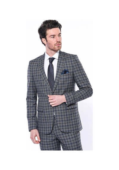 Wessi Ekose Slim Fit Lacivert Erkek Ceket 001