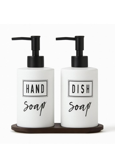 Beyaz Siyah Yazılı Cam Sıvı Sabunluk İkili Standlı Hand&dish Yazılı Beyaz